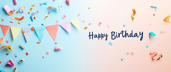 Poster - Festive happy birthday pastel background with confetti and bunting.