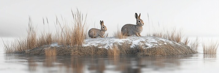 Aufkleber - Two rabbits sitting on a snowy island in a calm lake.