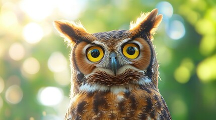 Wall Mural - A close-up of an owl with striking yellow eyes and detailed feathers against a blurred background.