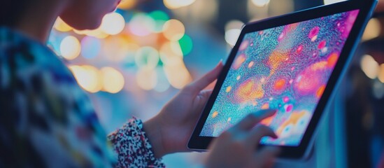 Fototapete - Woman using tablet displaying colorful abstract art at night.