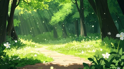 Poster - Sunlit forest path with white flowers, green leaves, and dappled sunlight.