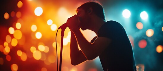 Poster - Male singer performing on stage, lit by colorful spotlights.