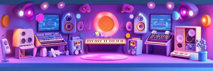Aufkleber - Vibrant music studio with keyboards, synthesizers, speakers, and monitors in a stylized 3D render.