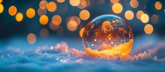 Poster - Glass sphere in snow with bokeh lights.