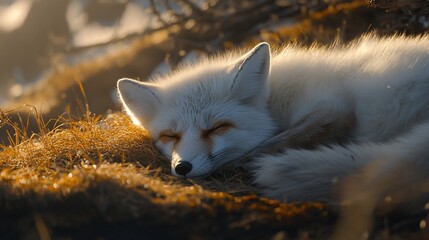 Aufkleber - Arctic fox resting peacefully in golden sunlight amidst dry grass.