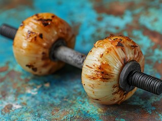 Poster - Two roasted onions on a metal rod, resembling dumbbells, rest on a rustic teal surface.