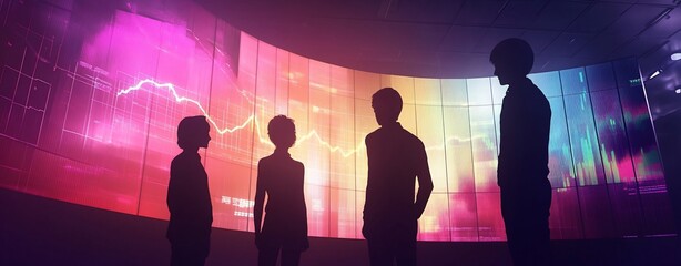Fototapete - Silhouetted businesspeople analyze data on a large vibrant screen.