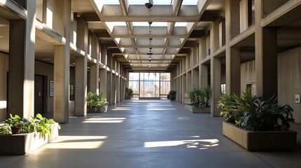 Poster - Sunlit, long concrete hallway with potted plants, leading to a glass wall and cityscape view.