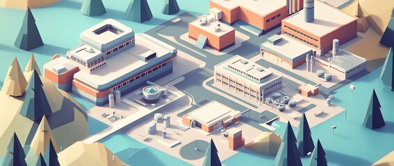 Aufkleber - Low-poly isometric illustration of an industrial complex near a forest.