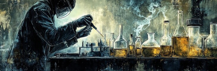 Aufkleber - Scientist in hazmat suit conducting experiment in smoky lab with various glassware.