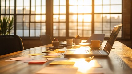 Poster - Sunlit office workspace with laptops, coffee, sticky notes, and stationery on a wooden table by large windows.