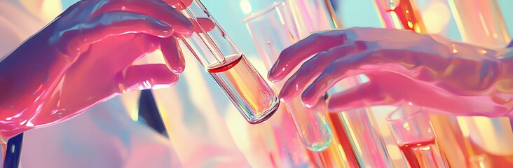 Poster - Close-up of gloved hands holding test tubes with colorful liquids in a lab.