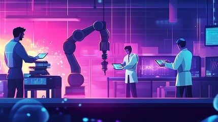 Fototapete - Three scientists work in a futuristic lab with robotic arm and digital technology.