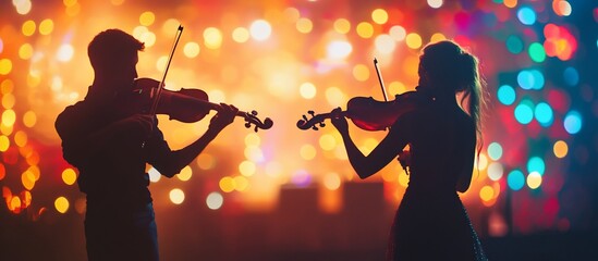 Poster - Silhouetted violinists perform a duet against a vibrant bokeh background. (1)