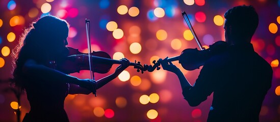 Poster - Silhouetted violinists perform a duet against a vibrant bokeh background.