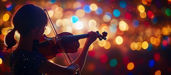 Poster - Young girl playing violin on a colorful stage.