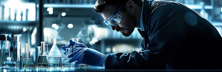 Poster - Scientist in lab coat conducts experiment, using beakers and glassware.