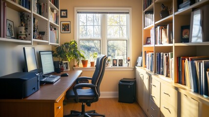 Poster - Sunlit home office with desk, computer, bookshelves, and window view.
