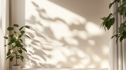 Poster - Sunlight streams through window, casting shadows on a beige wall with potted plants flanking it.