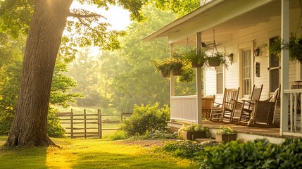 Poster - Serene sunrise illuminates a charming farmhouse porch with rocking chairs, lush greenery, and a rustic fence.