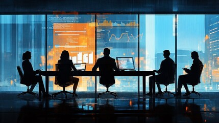 Aufkleber - Silhouetted business team meeting at night in a modern office overlooking a city.