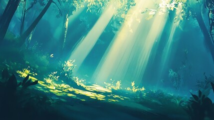 Aufkleber - Sunbeams pierce a lush, mystical forest, illuminating a path through vibrant green foliage and shadows.