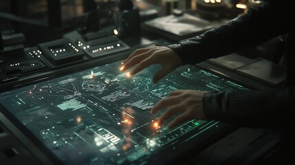 Fototapete - Close-up of hands interacting with a futuristic digital interface displaying glowing data.