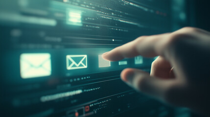 The scene shows a clean, modern screen with mail buttons and share button, The person’s hand hovers over the button,  
