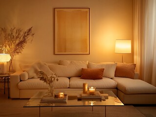 Poster - Cozy living room with beige sofa, warm lighting, and decorative elements at night.