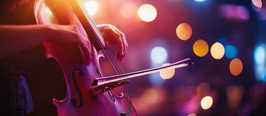 Poster - Close-up of a cellist's hands playing a cello on a stage with blurred lights in the background.