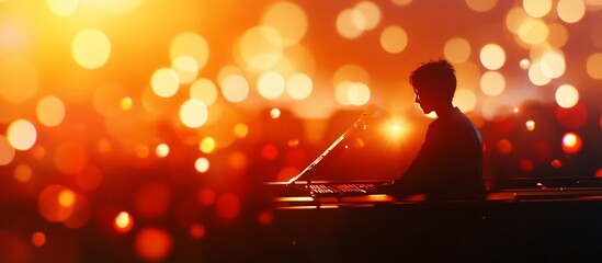 Poster - Silhouetted musician playing keyboard on stage with warm bokeh lighting.