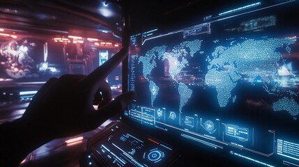 Poster - Hand interacts with a futuristic holographic world map displayed on a high-tech screen.