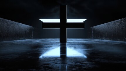 Dark and Mysterious Scene Featuring a Sleek Black Cross Illuminated by Bright Light Against a Textured Background with Reflection on the Surface