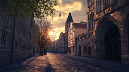 Poster - Sunrise illuminates cobblestone street in historic European city with Gothic architecture.
