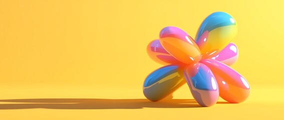 Poster - Colorful abstract glossy object resembling a flower on yellow background.