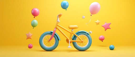 Poster - Yellow kids bicycle with colorful balloons and stars on yellow background.