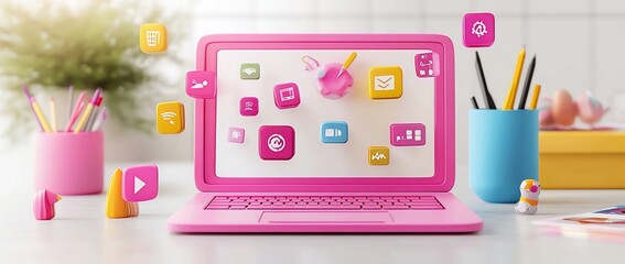 Fototapete - Pink laptop with colorful app icons and stationery.