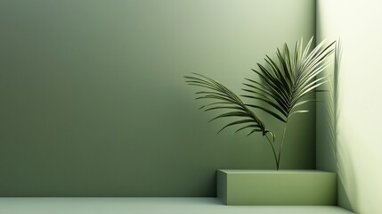 Aufkleber - Minimalist green room corner with palm leaves on a pedestal.