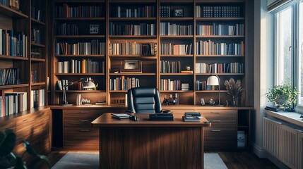 Poster - Sunlit home office with large wooden desk, leather chair, and expansive built-in bookcase filled with books.