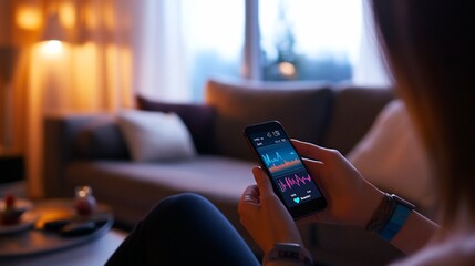 Fototapete - Woman at home reviewing stock market data on her phone.
