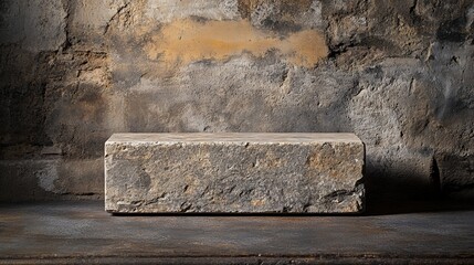 Aufkleber - Rough stone block on rustic metal surface against aged stone wall.