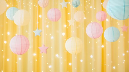 Poster - Pastel paper lanterns and stars hang against a yellow backdrop.