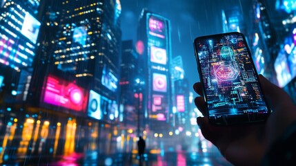 Leinwandbilder - Futuristic city at night viewed from a smartphone screen showing digital data.
