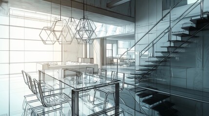 Poster - Architectural sketch of modern loft apartment interior design with glass dining table, staircase, and pendant lights.