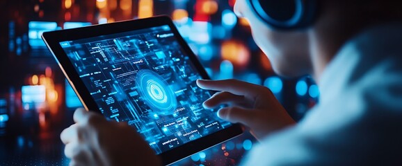 A person using a tablet displaying a futuristic digital interface.