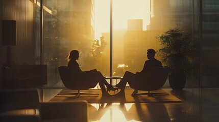 Fototapete - Silhouetted businesspeople converse in modern office, sunlit cityscape backdrop.