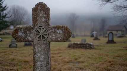 Rustic Stone Cross in Foggy Cemetery Surrounded by Historical Tombstones and Leafless Trees Captured in Atmospheric Conditions