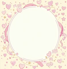 Poster - Pastel pink circle frame with hearts, stars, and ribbons; blank space for text or image.