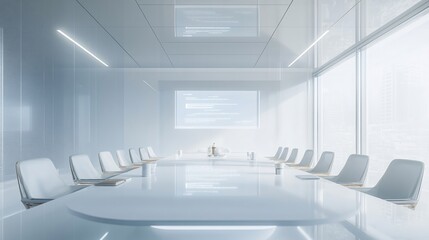 Aufkleber - Modern minimalist conference room with large window and white chairs.