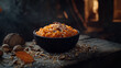 © Amit - Bowl filled with gajar ka halwa or indian carrot  pudding on an old wooden table, sprinkled with ground nuts